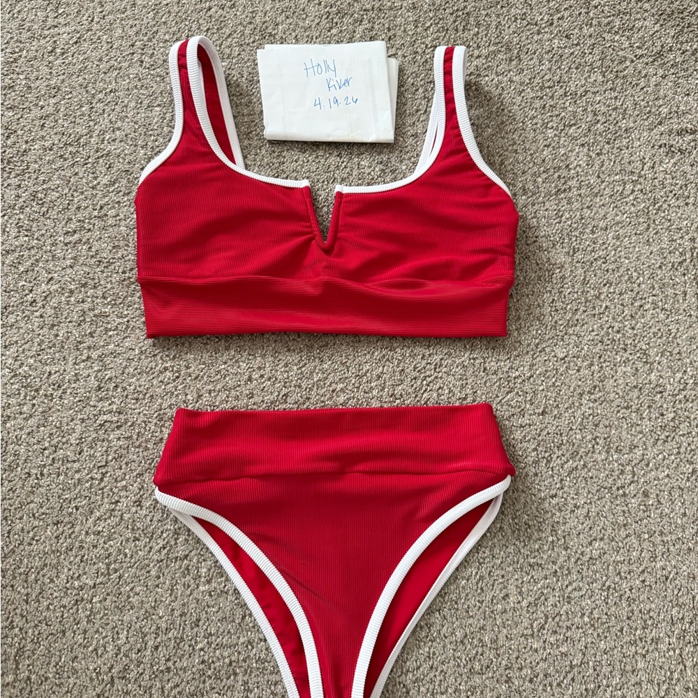 LainSnow Red Ribbed High-Waist Bikini with White Trim